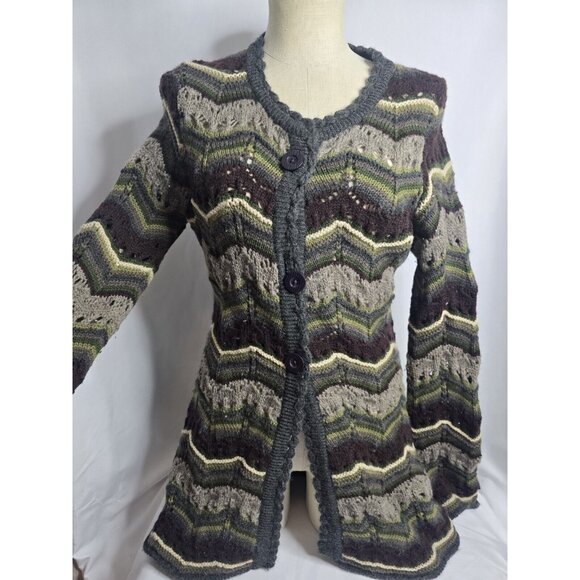 Putumayo 100% Wool Open Knit Cardigan Striped Multicolor Women's Size Small Boho - Picture 2 of 9